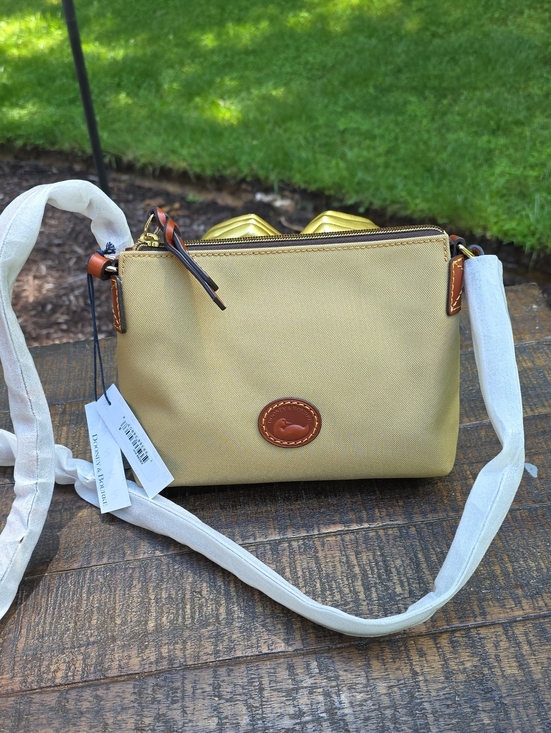 Dooney & Bourke Handbags - Dooney & Bourke Light Gold Nylon Crossbody with Brown Leather Trim